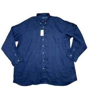 NWT $148 Polo Ralph Lauren Men’s Long Sleeve Navy 100% Linen Shirt Tall Sz 3XLT